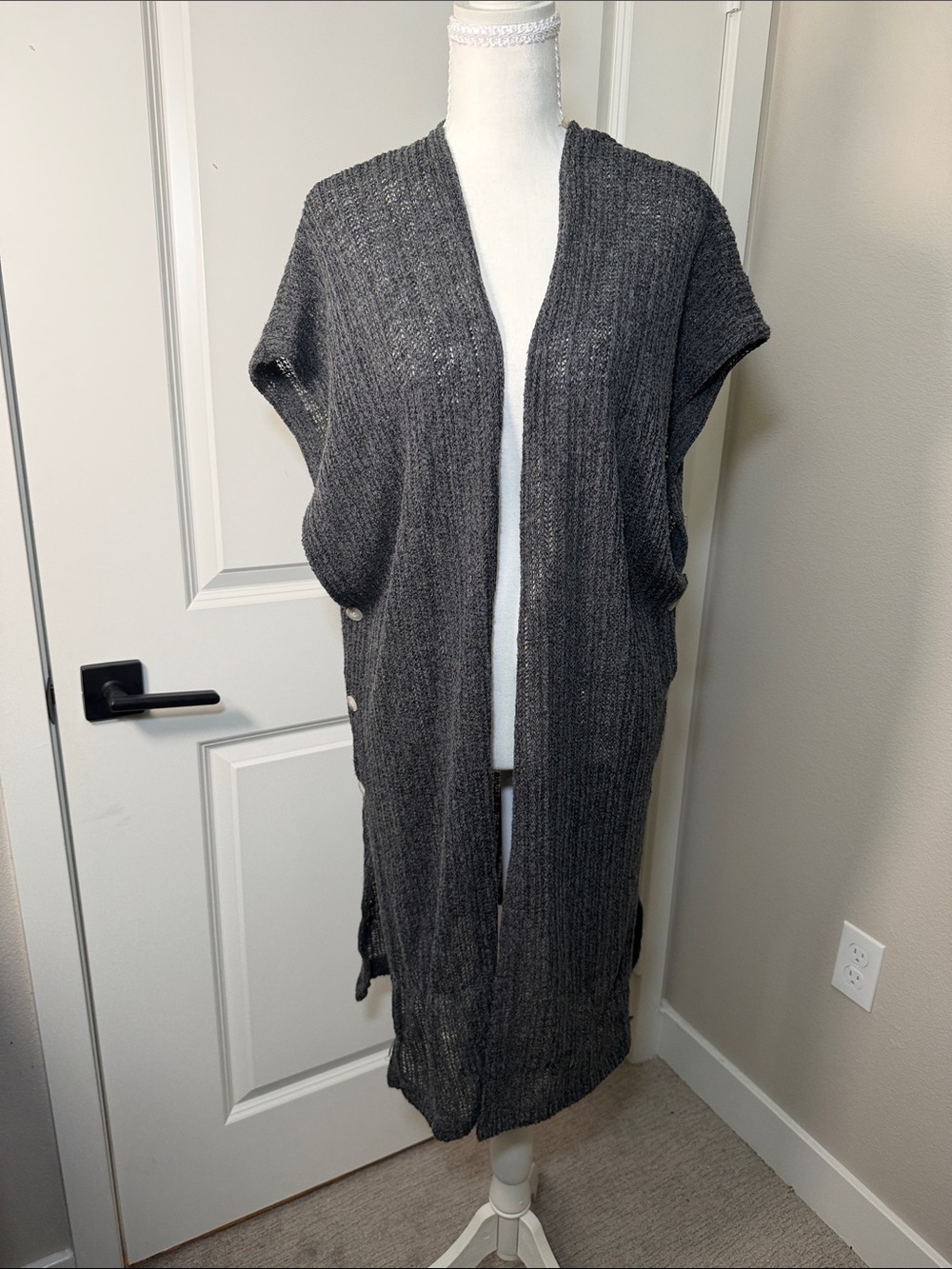 Charcoal Open-Front Knit Long Cardigan